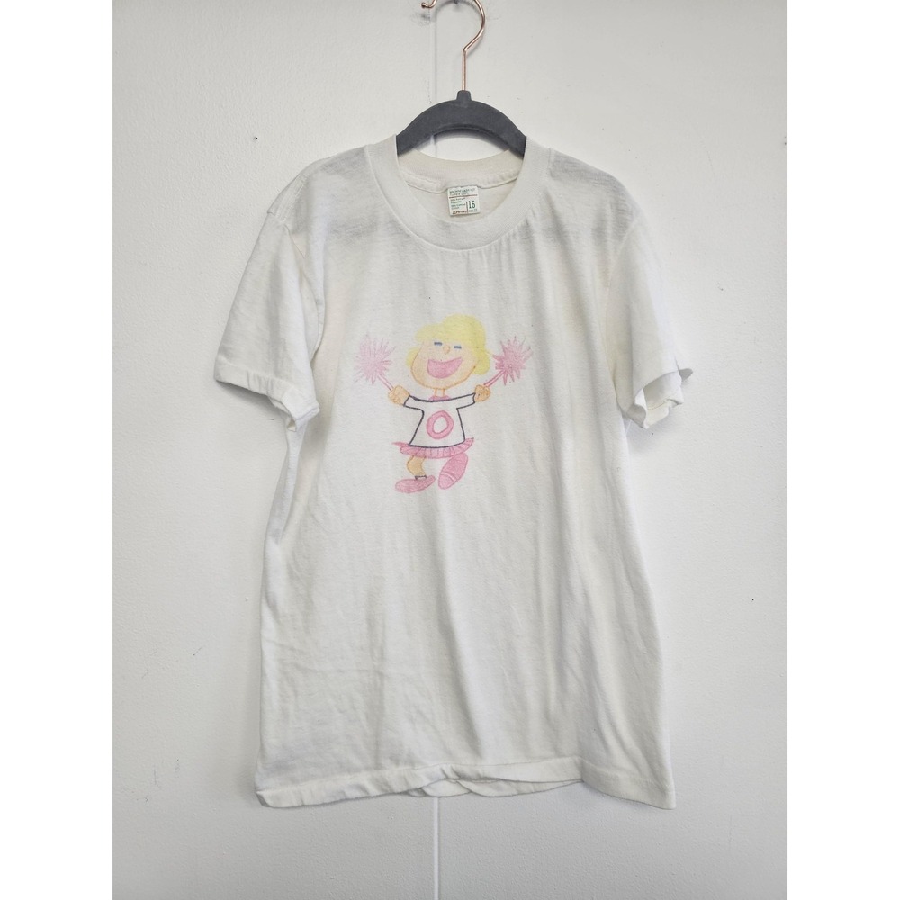 Vintage Cheerleader Shirt‎ Girls 16 White Pink Pom Pom Graphic JCPenney 70s